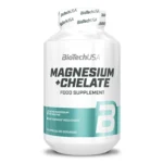 L'image met en valeur le magnésium avec un flacon de complément alimentaire BioTechUSA Magnesium + Chelate. Il contient 60 gélules, chaque portion fournissant 250 mg de magnésium sous forme de bisglycinate organique.