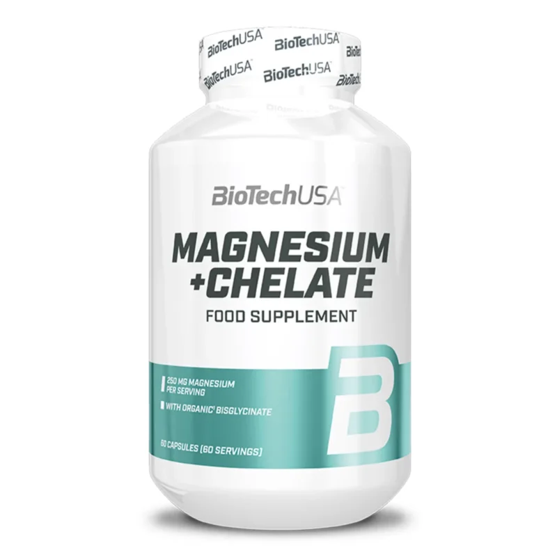L'image met en valeur le magnésium avec un flacon de complément alimentaire BioTechUSA Magnesium + Chelate. Il contient 60 gélules, chaque portion fournissant 250 mg de magnésium sous forme de bisglycinate organique.