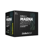 L'image met en évidence le Magna Shot de BioTechUSA, mettant en valeur son composant clé : le magnésium. Chaque portion fournissant 175 mg de ce minéral essentiel, l'emballage contient 20 unités de 25 ml chacune, en parfaite adéquation avec l'accent mis par notre site sur le magnésium.