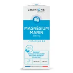 Mettant en valeur l'élément central, l'image met en évidence le magnésium dans la boîte Granions Marin Magnesium 300 mg, complété par de la vitamine B6. Ce produit propose 60 gélules conçues pour soutenir les niveaux d'énergie, la santé des muscles et des os et la relaxation. Fièrement fabriqué en France, il souligne notre volonté de présenter des suppléments de magnésium de haute qualité.