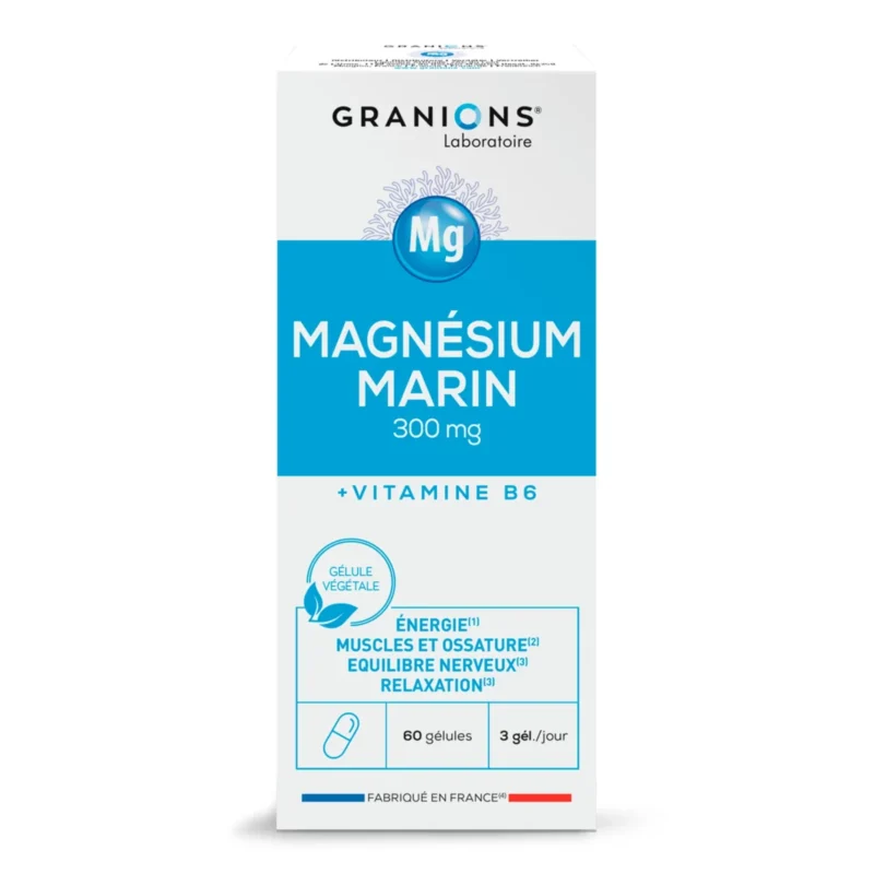 Mettant en valeur l'élément central, l'image met en évidence le magnésium dans la boîte Granions Marin Magnesium 300 mg, complété par de la vitamine B6. Ce produit propose 60 gélules conçues pour soutenir les niveaux d'énergie, la santé des muscles et des os et la relaxation. Fièrement fabriqué en France, il souligne notre volonté de présenter des suppléments de magnésium de haute qualité.