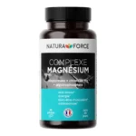 L'image met en évidence le magnésium, soulignant son importance sur le site. On y voit une bouteille de supplément Natura Force Complexe Magnésium contenant 90 capsules. Ce puissant supplément de magnésium est mis en valeur pour ses nombreux bienfaits, notamment ses propriétés anti-stress, son effet stimulant sur les niveaux d'énergie, son amélioration du bien-être musculaire et son soutien à la prévention de l'ostéoporose.