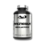 L'image met en évidence l'Ashwagandha, soulignant son importance sur le site, avec une bouteille noire et argentée également étiquetée « Bisglycinate de magnésium », contenant 165,2 grammes et 200 gélules.