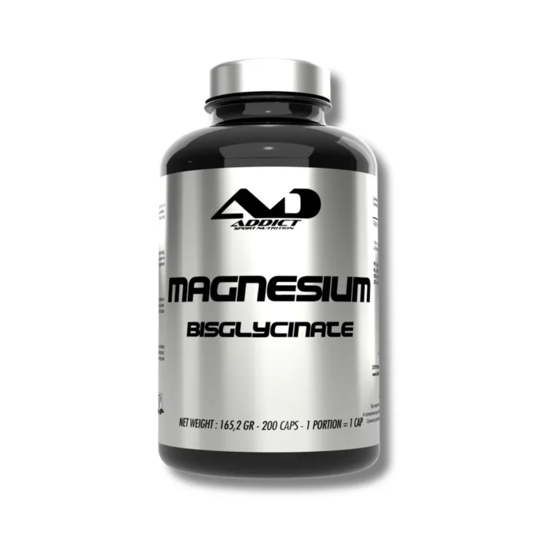 L'image met en évidence l'Ashwagandha, soulignant son importance sur le site, avec une bouteille noire et argentée également étiquetée « Bisglycinate de magnésium », contenant 165,2 grammes et 200 gélules.