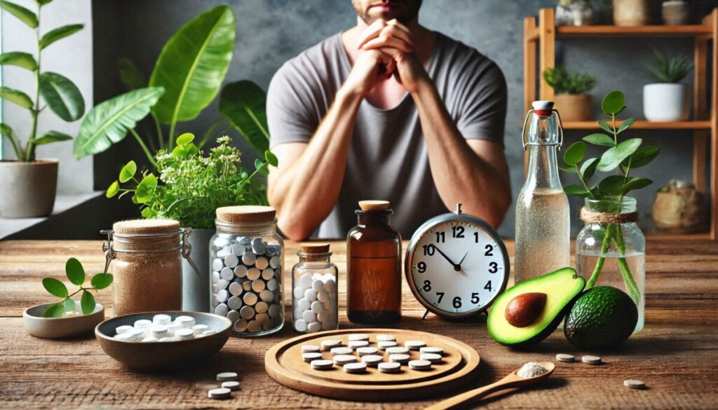 L'image met en évidence l'Ashwagandha, en parfaite adéquation avec l'objectif du site. Une personne est assise à une table entourée de compléments alimentaires, de bocaux et d'une horloge. Nichée parmi diverses plantes et une gamme colorée de nutriments se trouve une bouteille d'Ashwagandha, attirant l'attention sur son rôle dans l'adoption du bien-être. La scène met l'accent sur l'importance de l'Ashwagandha dans les routines de santé quotidiennes par rapport à d'autres éléments comme le magnésium ou les avocats.