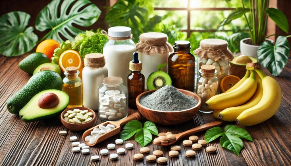 L'image met en valeur l'Ashwagandha, joliment disposé parmi une variété de suppléments et de fruits comme des bananes, des kiwis et des avocats sur une table en bois. Avec des plantes feuillues en arrière-plan, il s'aligne parfaitement avec l'objectif du site et est idéal pour une cure de magnésium.